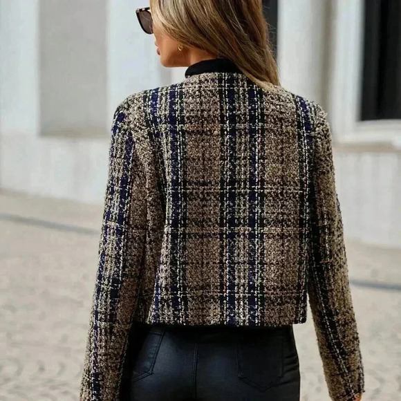 Multicolor Elegant Women's Plaid Pattern Flap Pocket Open Front Tweed Overcoat - Picture 3 of 5
